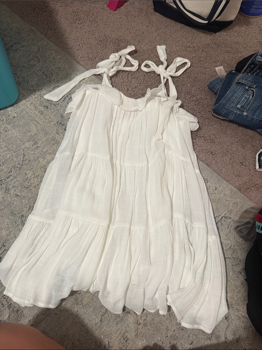 Girls' White Tie-Shoulder Tiered Dress